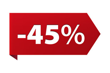 Discount minus 45 percent Banner ribbon red icon isolated on white background. Vector illustration