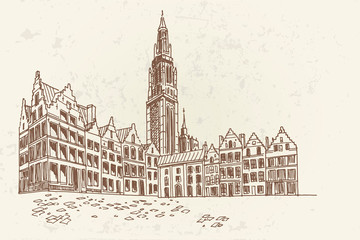 Vector sketch of  Grote Markt square in Antwerpen, Belgium.
