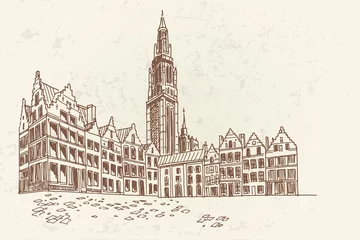 Papier Peint photo autocollant Anvers Croquis vectoriel de la place Grote Markt à Anvers, Belgique.