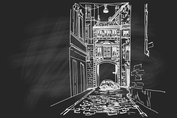 Vector sketch of street scene in Rome, Italy.