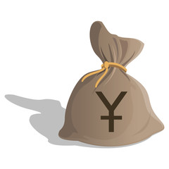 Money bag or sack cartoon style icon with Yuan sign isolated on white background. China Currency symbol.