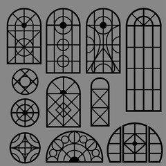 A set of vintage windows of different shapes. The elements of historical buildings for design