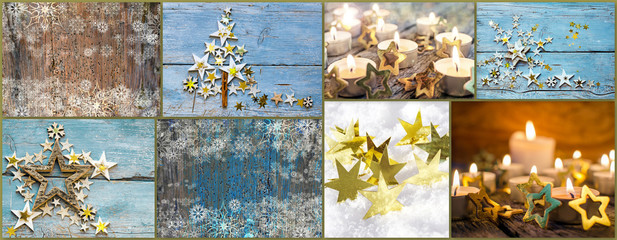 Merry Christmas: Collage of different festive Christmas pictures: golden stars, snowflakes, bakery,...
