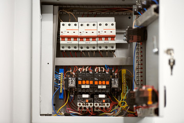 Circuit breaker in switch box. Control voltage switchboard. Distribution board for control...