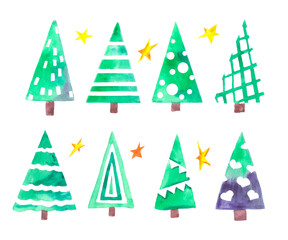 Set of christmas trees and stars hand-drawn watercolor on a white background