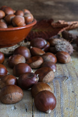 Close-up of chestnuts with leaves and ceramic bowl with unfocused hazelnuts, on weathered wooden background in vertical