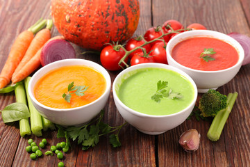 vegetable soup and ingredient on wood background