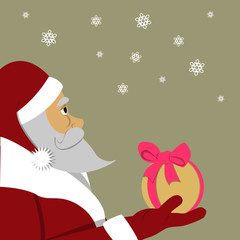 Babbo Natale di profilo che reca un dono. Sfondo con fiocchi di neve  