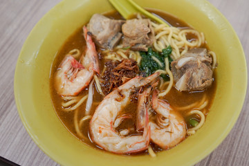 Prawn & pork ribs noodle in a bowl, vietnamese dish cuisine