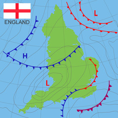 England. Realistic synoptic map of the England showing isobars and weather fronts. Meteorological forecast. Map country with national flag. Vector illustration. EPS 10 - obrazy, fototapety, plakaty