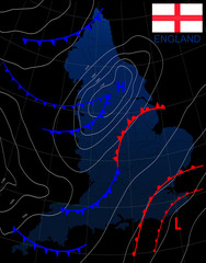 England. Weather map of the ENGLAND. Meteorological forecast on a dark background. Editable vector illustration of a generic weather map showing isobars and weather fronts. EPS 10 - obrazy, fototapety, plakaty