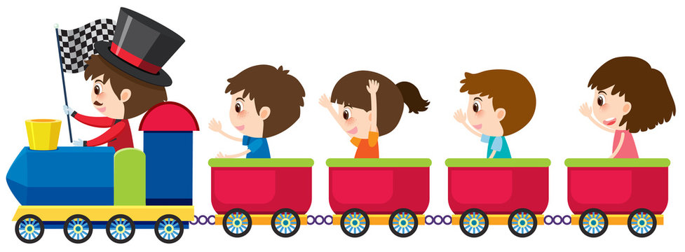 Four children riding on train on white background