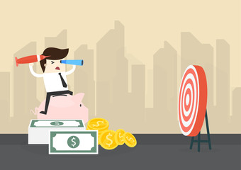 Businessman sit on money aiming the target. Concept business vector illustration.