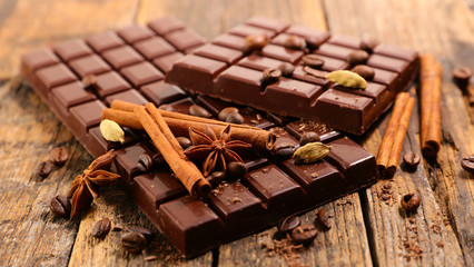 chocolate bar with spices on white background