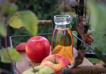 Fresh apple juice in the bottle on the wooden tray, outdoor