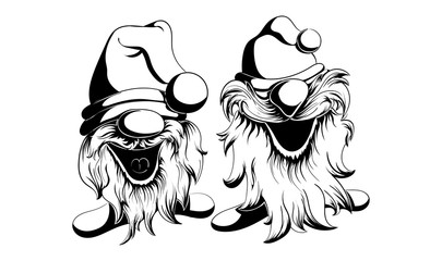 Two cheerful vector and bearded gnomes in black and white style