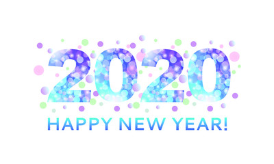 Happy New Year inscription of the year 2020 from bokeh texture in bright blue and purple color. For use as a decorative christmas background and new year 2020 card
