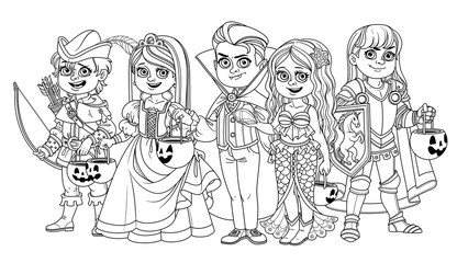 Group of children dressed in costumes of monsters and magic creatures for Halloween trick or treat outlined for coloring page