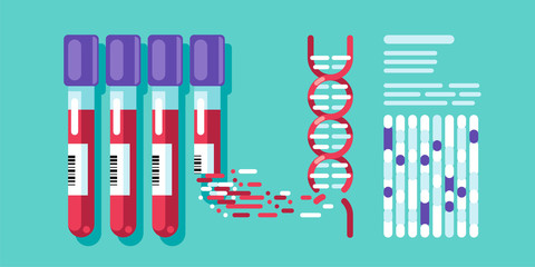 Decoding DNA spiral from a flask with biological materials. DNA test flat illustration. © Antonio Kalini