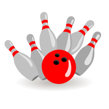 Red bowling ball breaks six skittles. Color vector image on a white background.