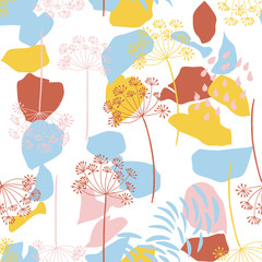 Vector organic floral seamless abstract background, botanical motif, freehand doodles pattern. Hand drawn fennel or dill flowers and abstract leaves outlines in pastel colors.