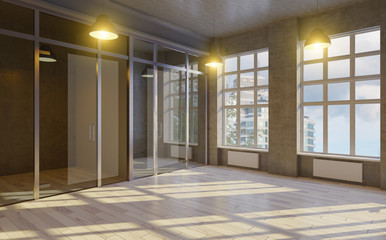 office space of an old building. glass partitions. retro windows. 3D rendering