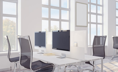 3D rendering, working space. light furniture. large monitors. open space. modern office, Mockup picture