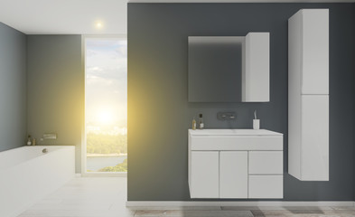 Obraz na płótnie Canvas Bathroom interior in gray tones. White furniture. Big window. Close-up. 3D rendering Sunset