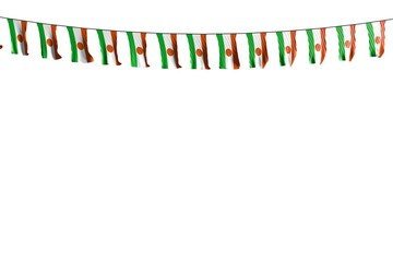 beautiful any holiday flag 3d illustration. - many Niger flags or banners hanging on string isolated on white