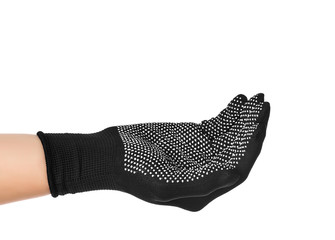 Hand in a black glove on an isolated white background