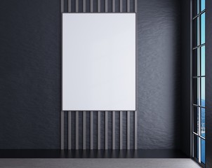 Template of an empty frame on a wall in a room with dark walls. Poster template. 3D rendering.