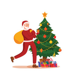 Vector Christmas illustration of smiling Santa Claus taking a sack with gifts