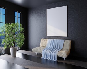 The template of an empty frame on the wall. Panoramic windows and sofa by the wall. 3D rendering. 3D illustration.