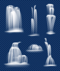 Waterfall flowing. Fresh clean and transparent water cascade falls splashes and drops vector nature realistic collection. Illustration waterfall aqua, water drop transparent © ONYXprj