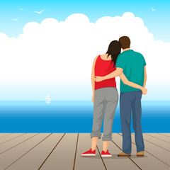 Enamored couple embrace and stand on the pier and look into the distance of the sea. Love Story. Vector Illustration