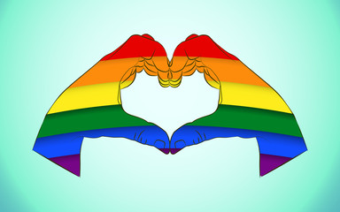 Realistic man hands forming a heart painted as the rainbow flag symbolizing gay love and Gay Pride Movement.Hands showing heart sign as sign LGBT against homosexual discrimination.Homosexuality emblem