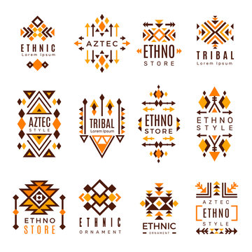 Ethnic logo. Trendy tribal symbols geometric shapes indian decorative mexican vector elements. Illustration of american and mexican trendy decoration logo
