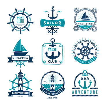 Marine labels. Nautical logo sailing boats rope and marine knot framed vector badges. Illustration marine nautical logo, anchor and steering illustration