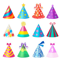 Birthday caps. Cartoon party decoration celebration element vector colored caps collection. Birthday cap and celebration accessory made from paper illustration