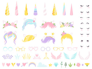 Unicorn face. Fairy tale pony head horn eyes ear hairs birthday party unicorn vector creation kit. Pony hair and eyelash, ears and horn illustration © ONYXprj