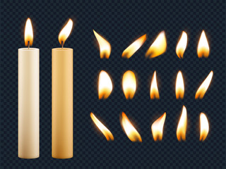 Wax candles. Romantic lights from candle flame different shapes of fuse vector realistic collection. Illustration candlelight romantic, illumination fire