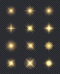 Glowing stars. Realistic lighting shining effects sparks celebration vector symbols. Star bright and light effect, glow shine flare illustration