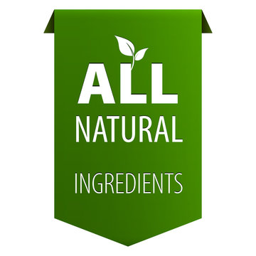 All Natural ingredients green tag ribbon banner icon isolated on white background.