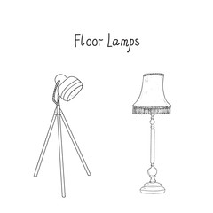 Floor Lamps vector set with inscription. Hand drawn artistic sketch