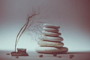 Spa still life with stacked of stone with a beautiful branch