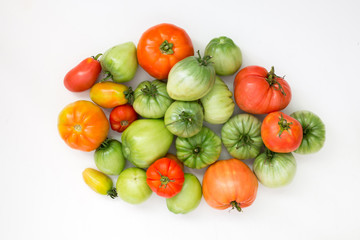 Summer harvest of vegetables concept. Set of green and red tomatoes.