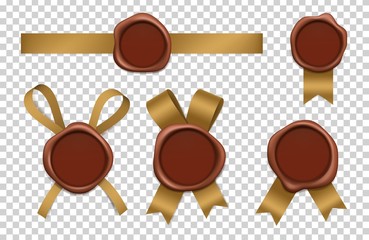 Wax stamp and gold ribbons. Sealed brown rubber postal stamps with tapes vector realistic 3d pictures. Illustration seal stamp to certificate, ribbon and wax insignia