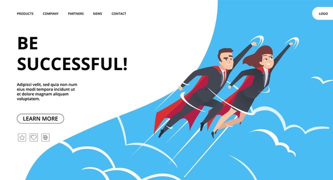 Successful Business. Web Page With Male And Female Superheroes Background. Teamwork Heroes Flying In Sky Vector Business Landing Concept. Business Superhero, Businessman Achievement Illustration