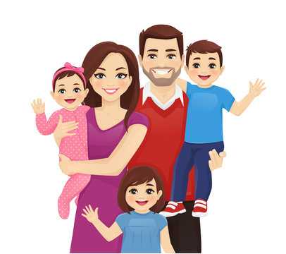 Parents with newborn baby, toddler boy and girl vector illustration  isolated. Happy family portrait. Mother, father, daughter, son. Stock  Vector | Adobe Stock