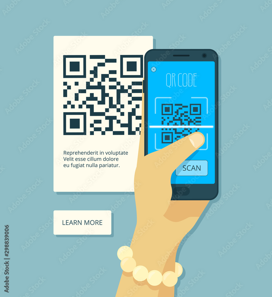 Poster scanning qr code. hand holding smartphone and laser scanning coding product sticker vector concept. 